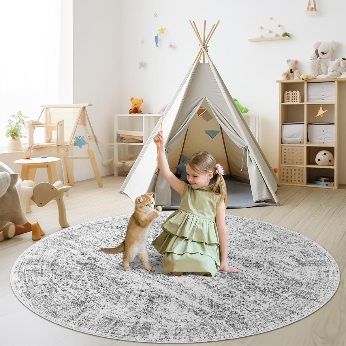 Soalmost round rug features a soft pile for barefoot comfort