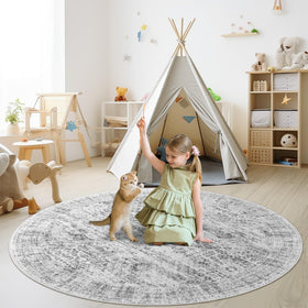 Soalmost round rug features a soft pile for barefoot comfort