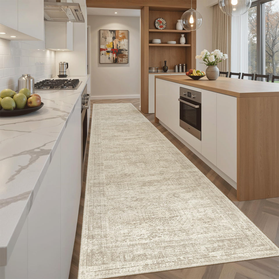 Soalmost Runner Rug beige hex pattern closeup highlighting soft texture for everyday use.