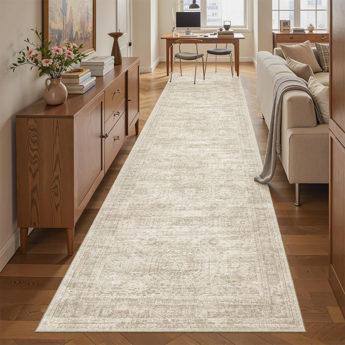 Soalmost Runner Rug non-slip backing keeps floors secure on smooth surfaces.