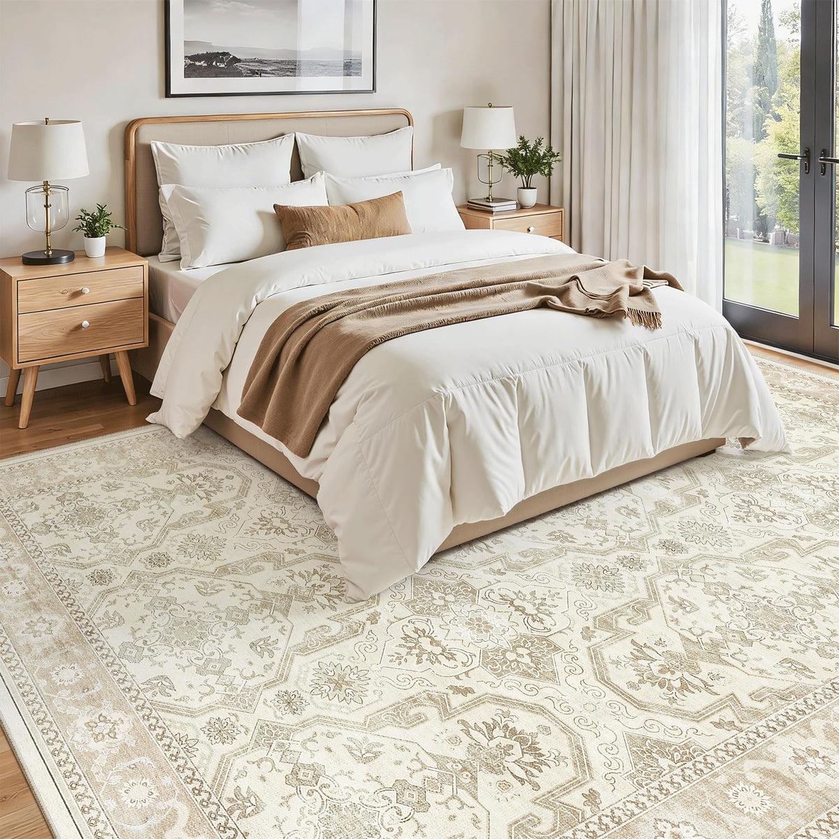 Soalmost stain-resistant beige rug resists spills for family life.