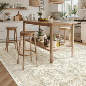 Soalmost vintage farmhouse design rug blends classic style with practicality.