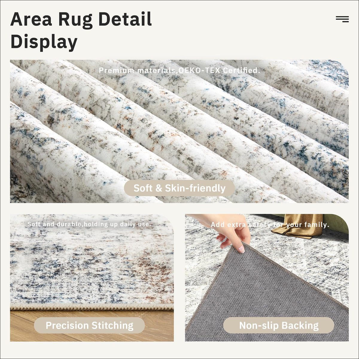 Soalmost vintage-style area rug 8x10, versatile for living rooms and bedrooms.