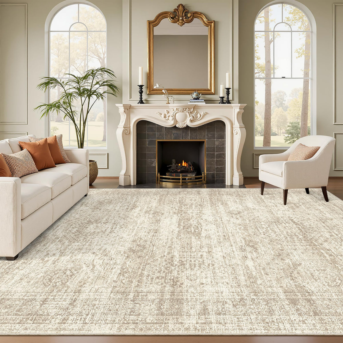 Soalmost Washable Area Rug 8x10 front view in beige tones, cozy underfoot.