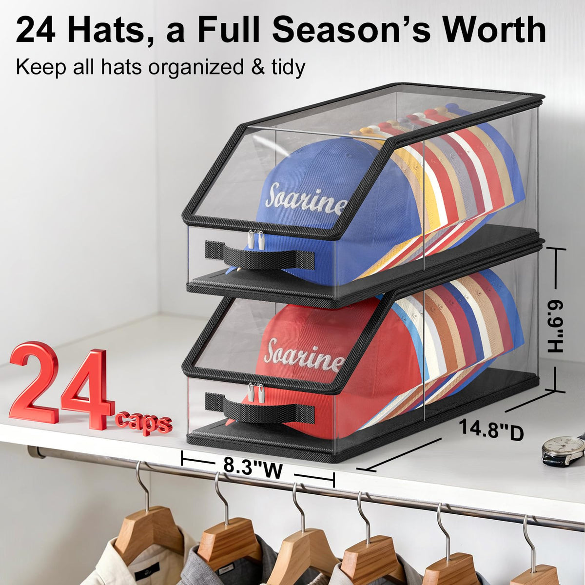Soarine clear hat organizer shows all hats at a glance for quick dressing.