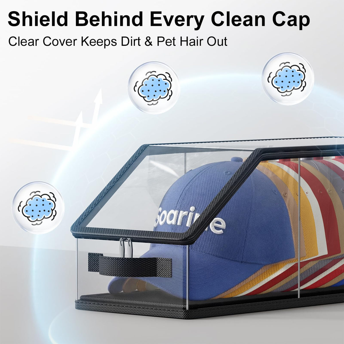 Soarine hat box with zipper lid offers easy access.