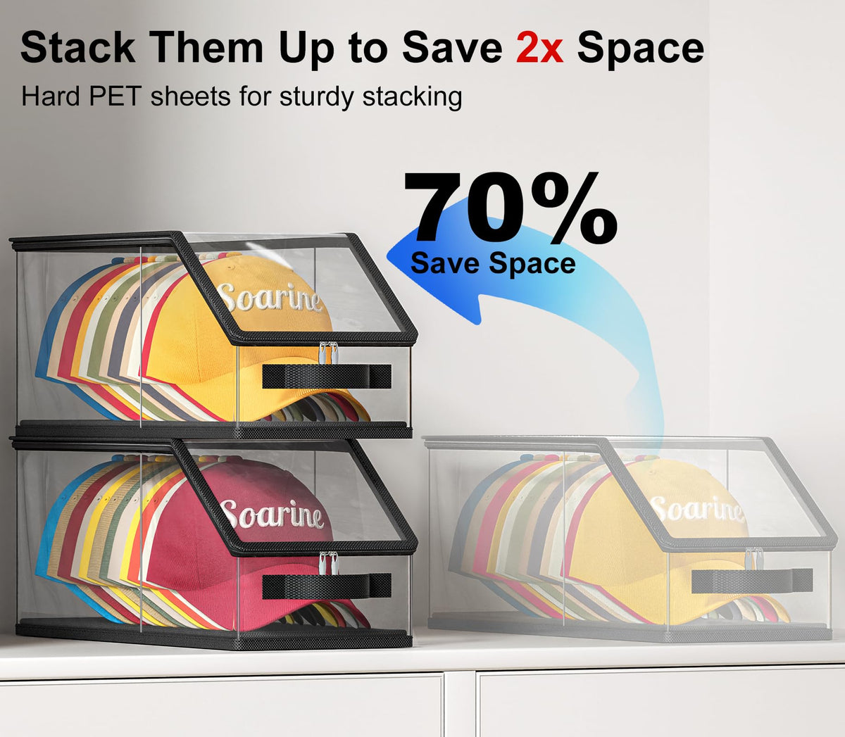 Soarine stackable hat box tower helps reclaim closet space.