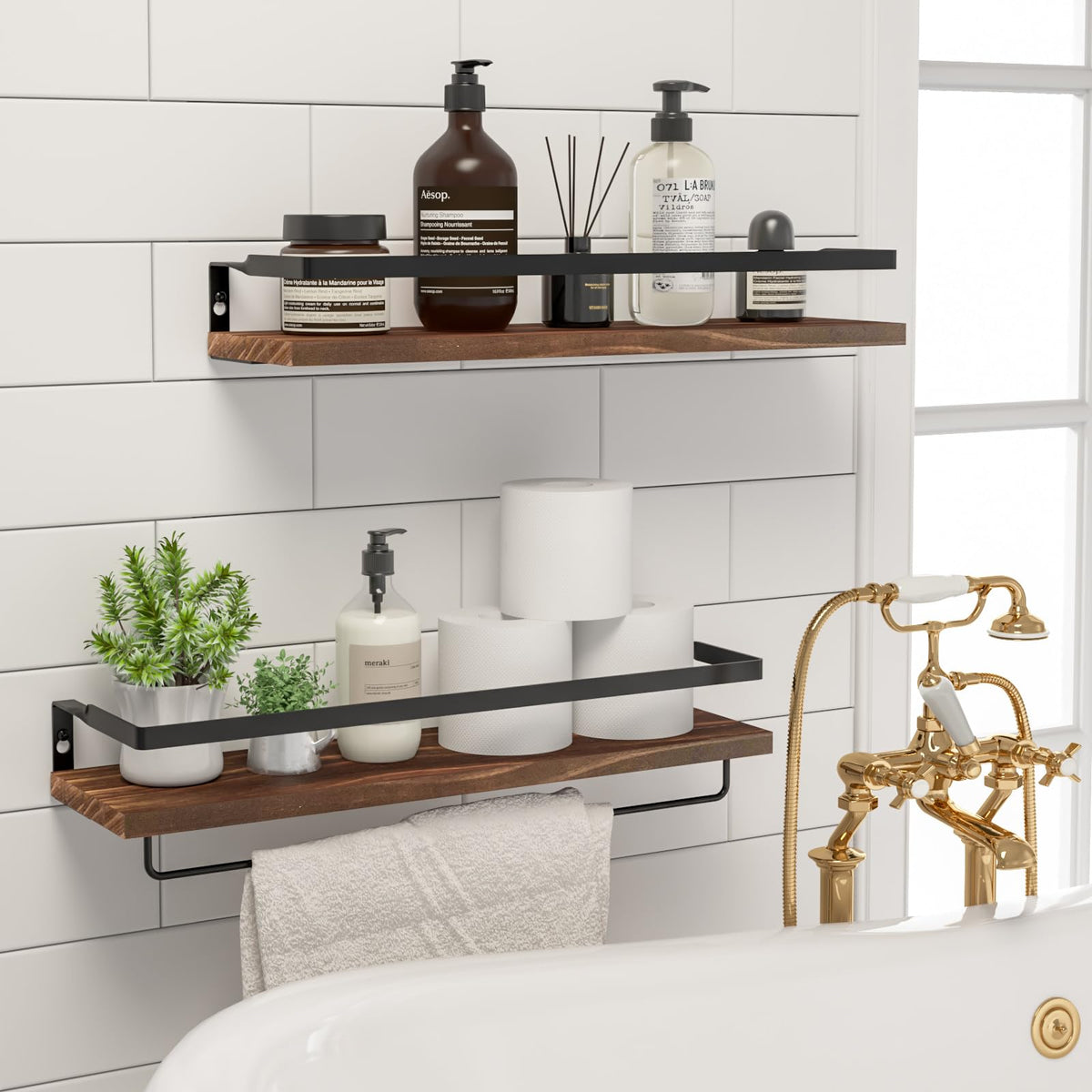 SODUKU bathroom shelves with towel bar offer tidy towel hanging and easy access.