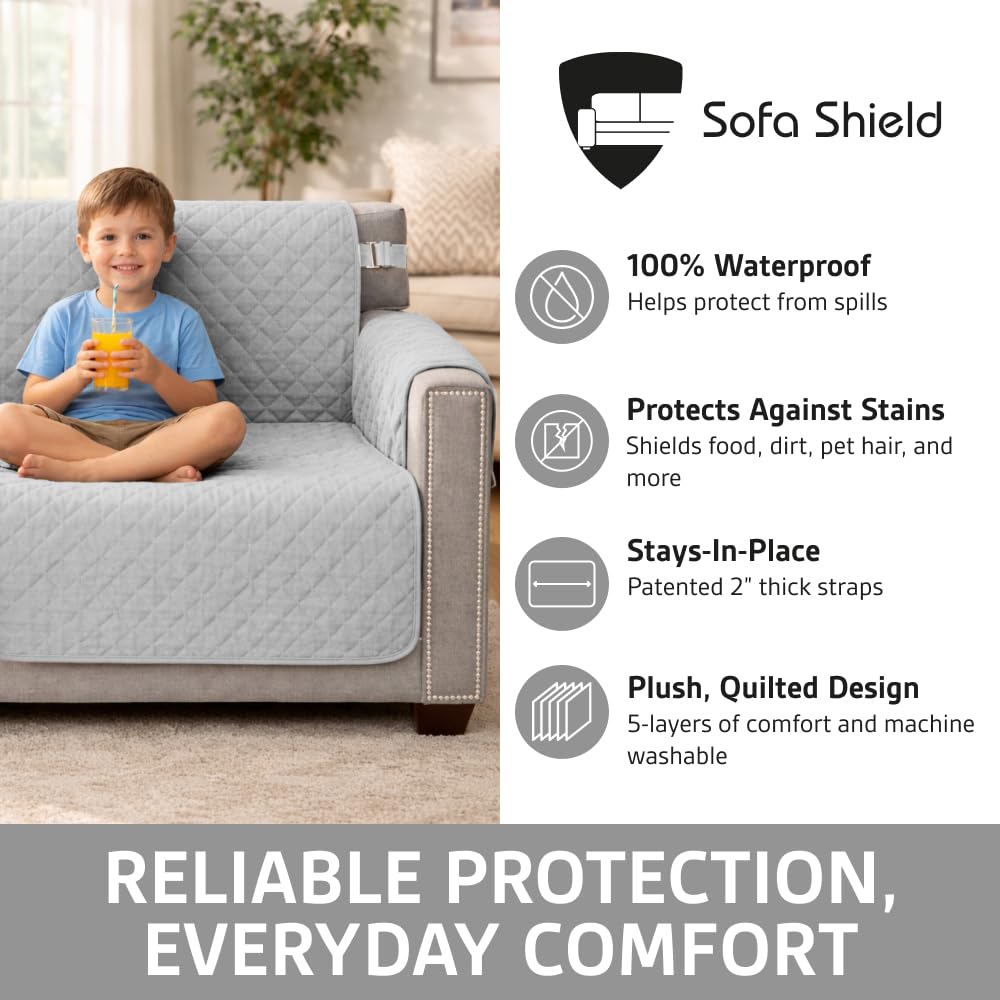 Sofa Shield patented slip straps keep cover securely in place on couches