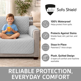 Sofa Shield patented slip straps keep cover securely in place on couches