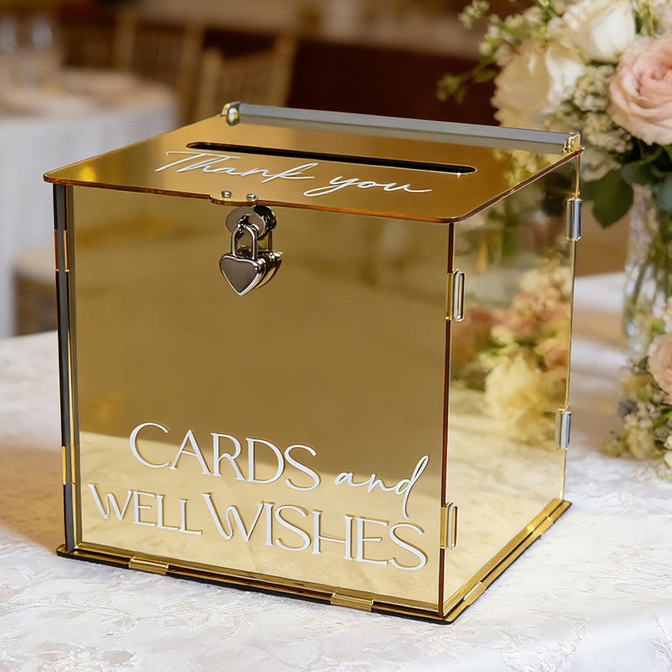 SOFARKKT acrylic gold card box with lock and slot for secure wedding cards.