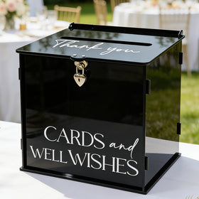 SOFARKKT Black acrylic card box front view highlights Gothic design and secure slot.