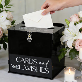 SOFARKKT reception table setup with elegant black acrylic card box.