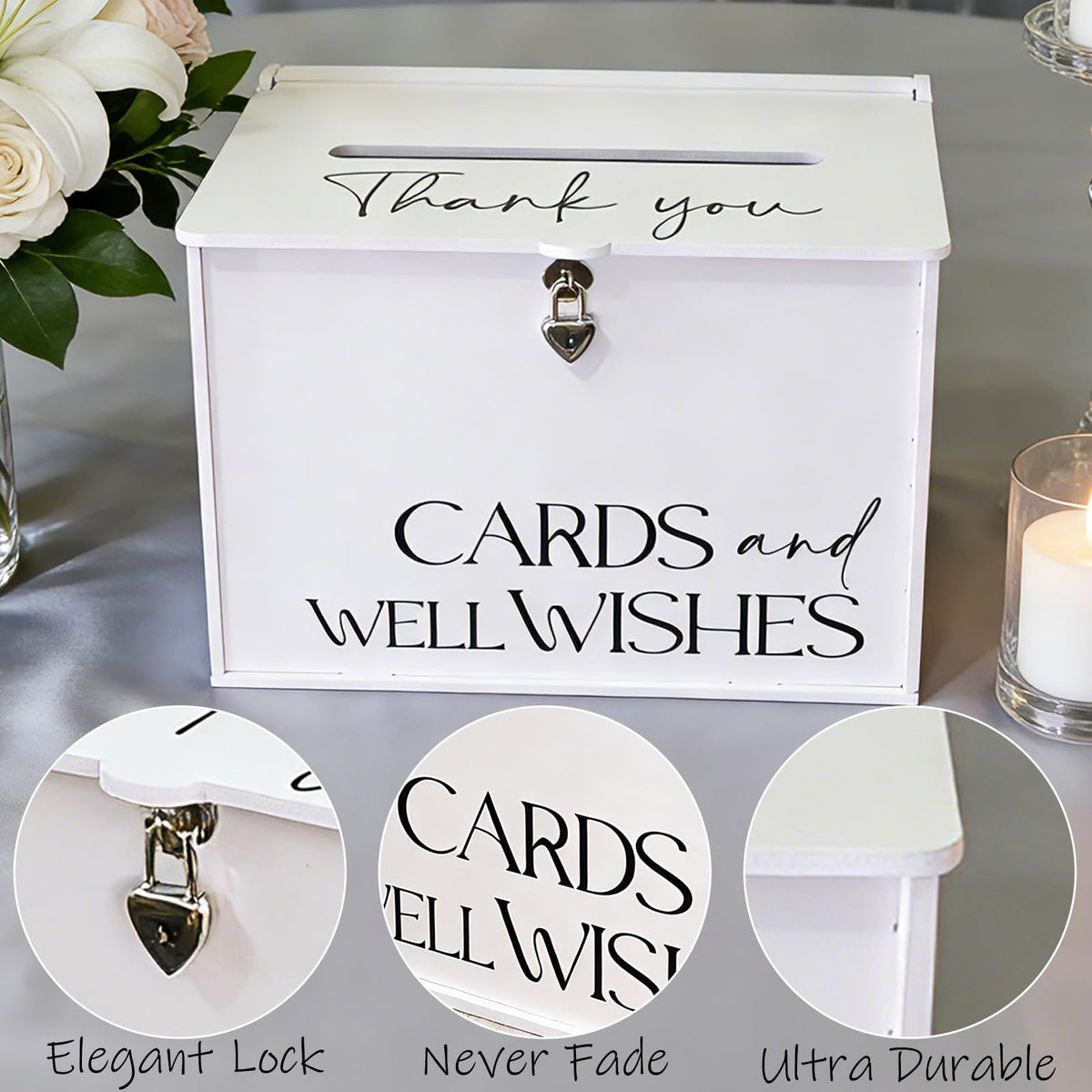 SOFARKKT wedding card box blends with reception decor.
