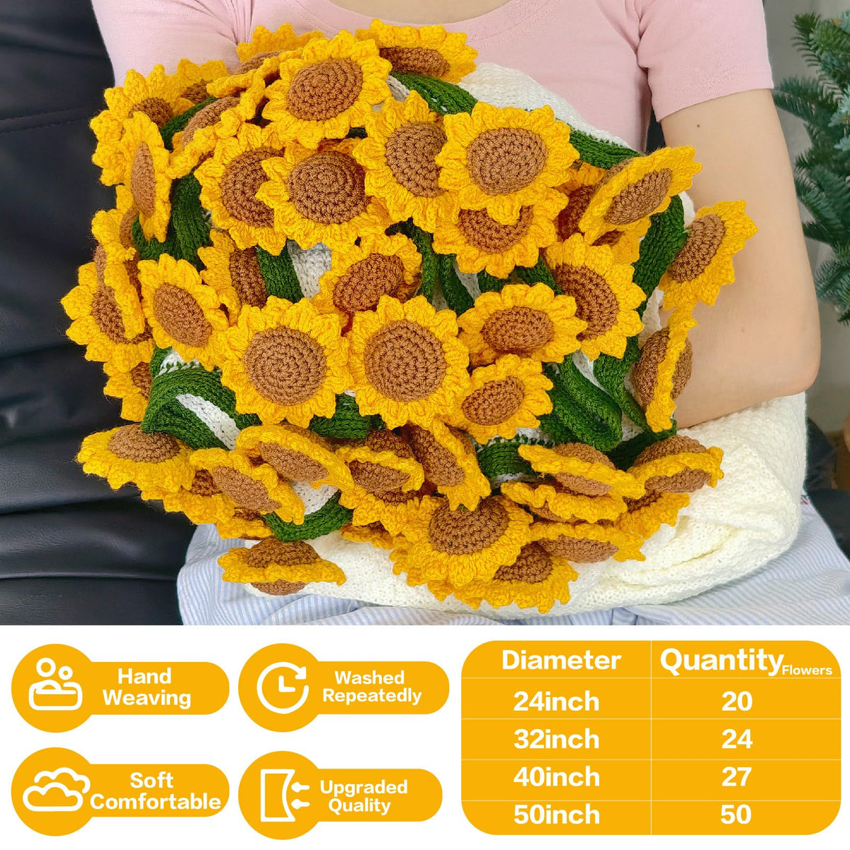 SoffMoiis crochet sunflower bouquet blanket 40-inch round delivers generous warmth and texture.