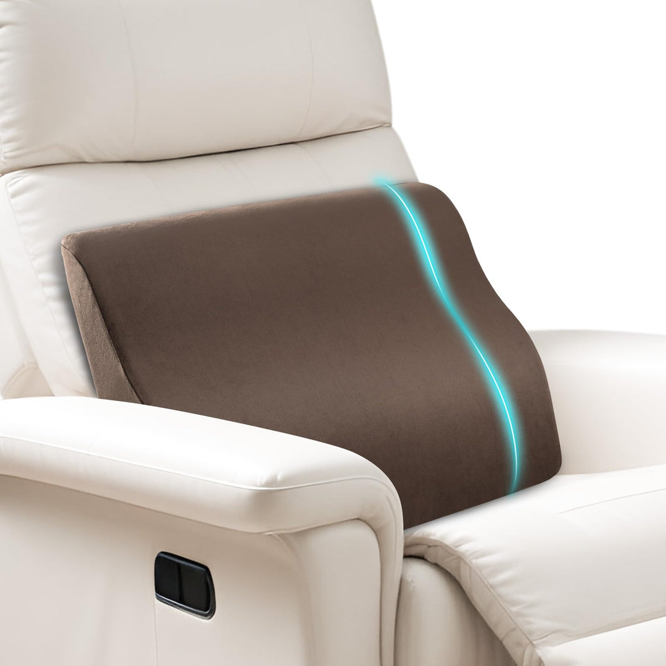 SofGlowly lumbar pillow in recliner back view showing full lower back support