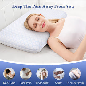 SofGlowly ultra-thin pillow demonstrates neck and spine alignment.