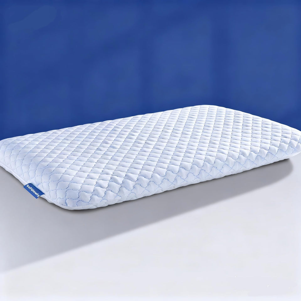SofGlowly Thin Flat Pillow top view highlights ultra-slim design for stomach sleepers seeking support.