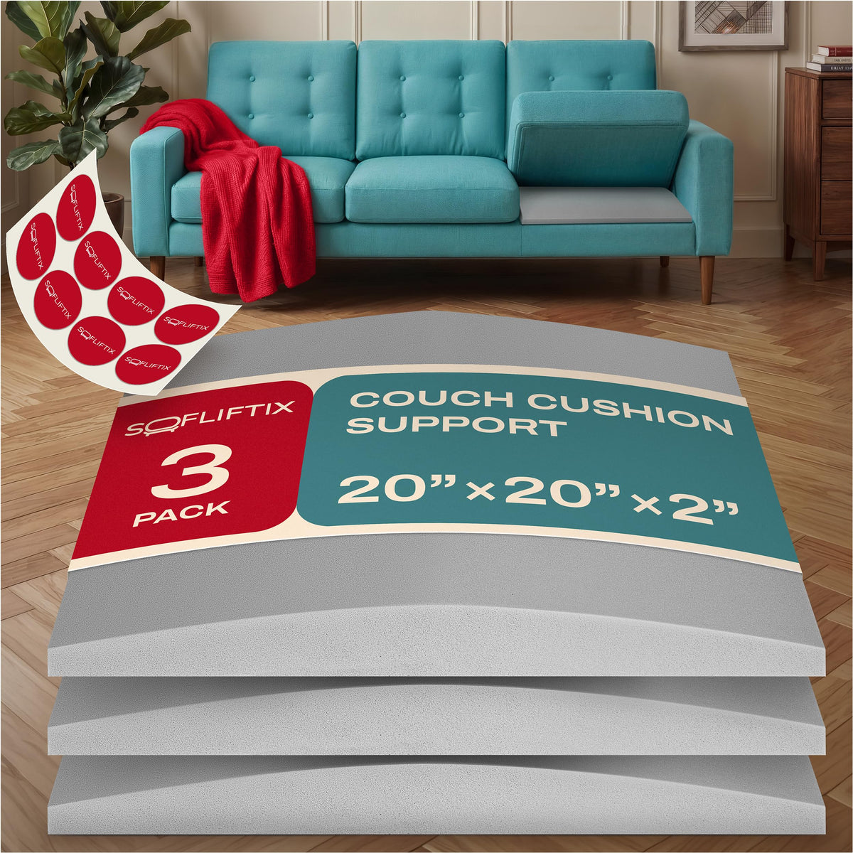 SOFLIFTIX couch cushion support under 20x20x2 foam core for firmer seating.
