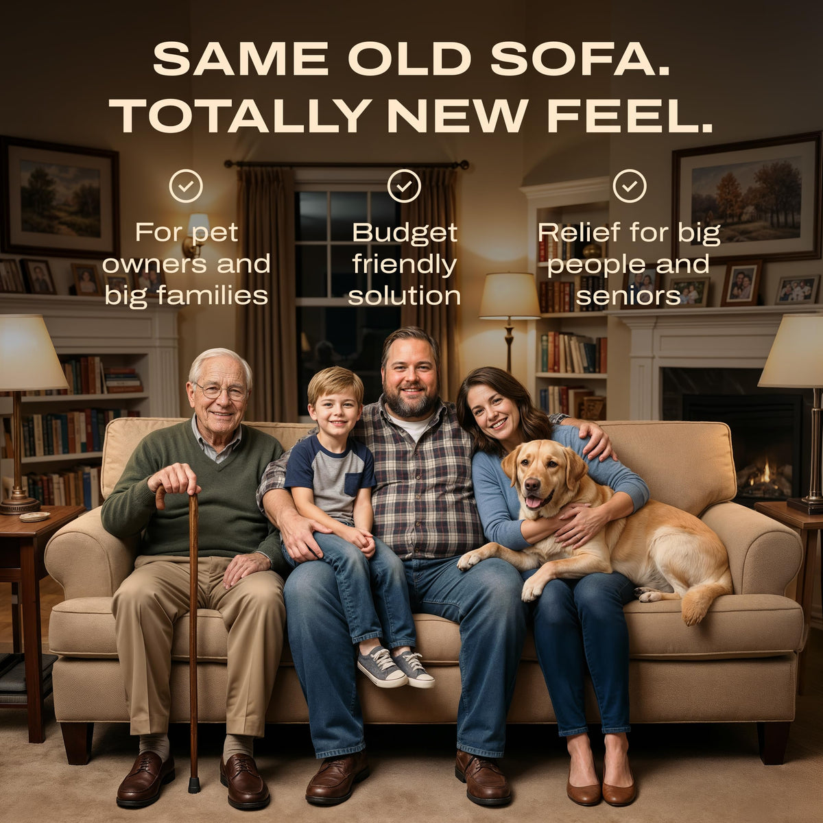 SOFLIFTIX cut-to-fit cushion inserts adapt to your sofa for a precise fit.