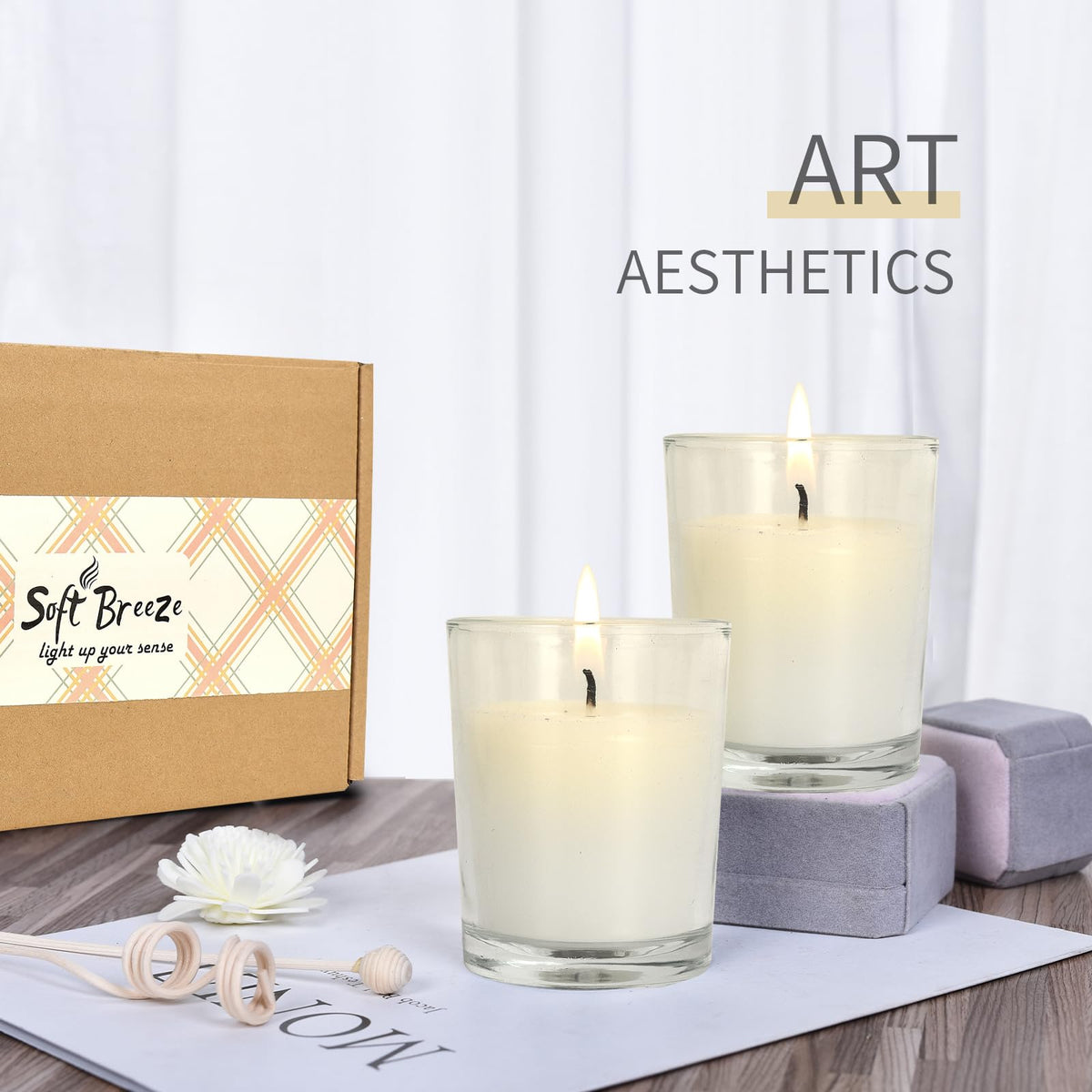 SOFT BREEZE ivory votive candle in glass suits hydrotherapy setups and relaxing ambience.