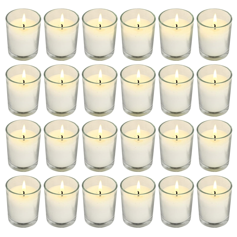 SOFT BREEZE ivory votive candle in clear glass for wishing and serene ambiance.