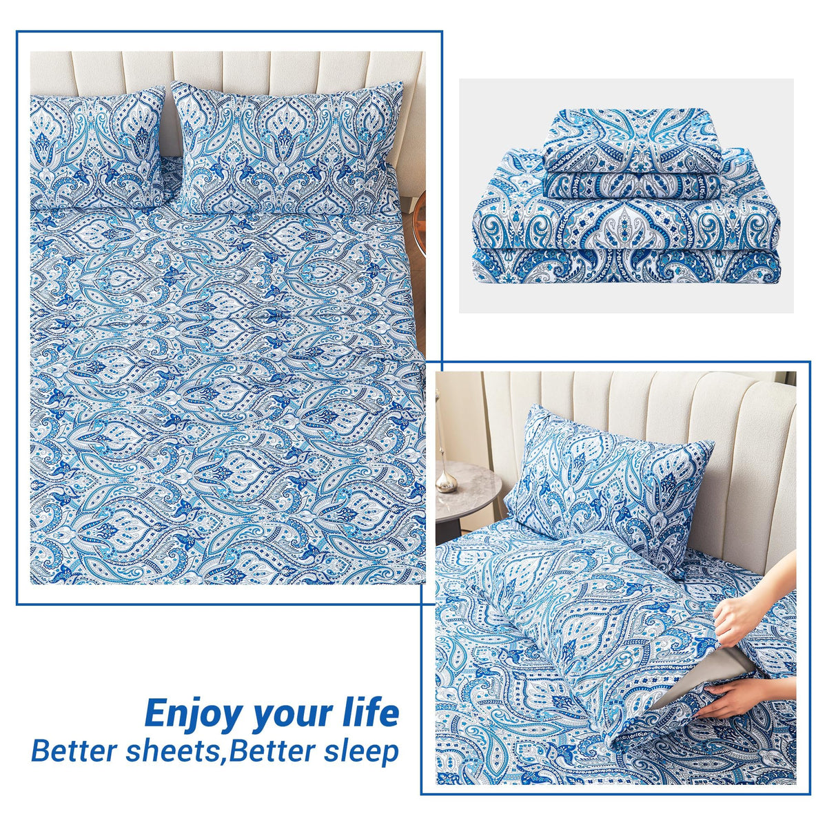 Close-up of blue floral paisley pattern on Softan sheets