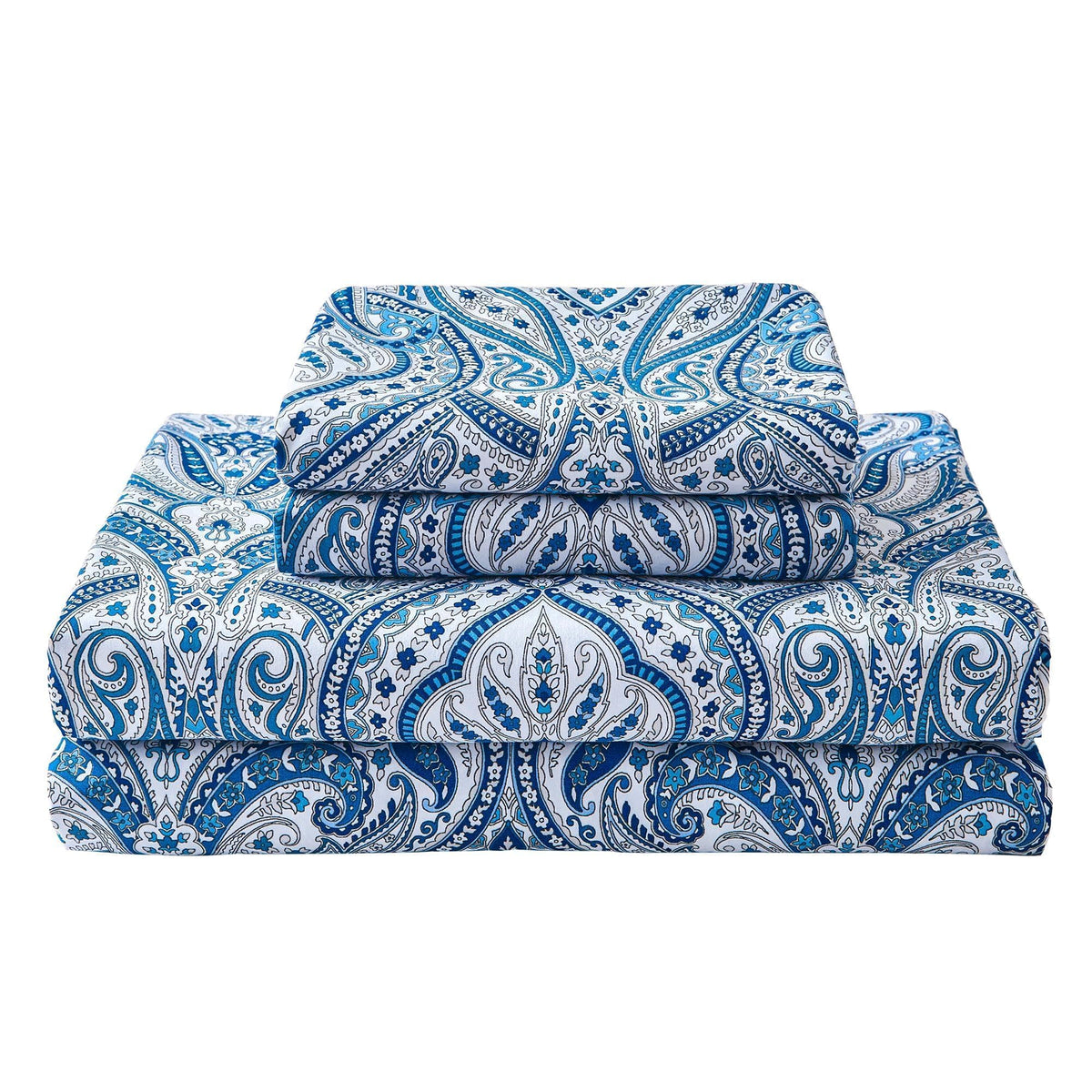 Softan Blue Paisley full sheet set on bed, ultra-soft microfiber for cozy nights