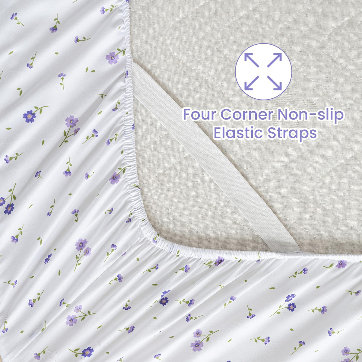 Softan deep-pocket fitted sheet image highlights a 15-inch pocket and secure corner straps
