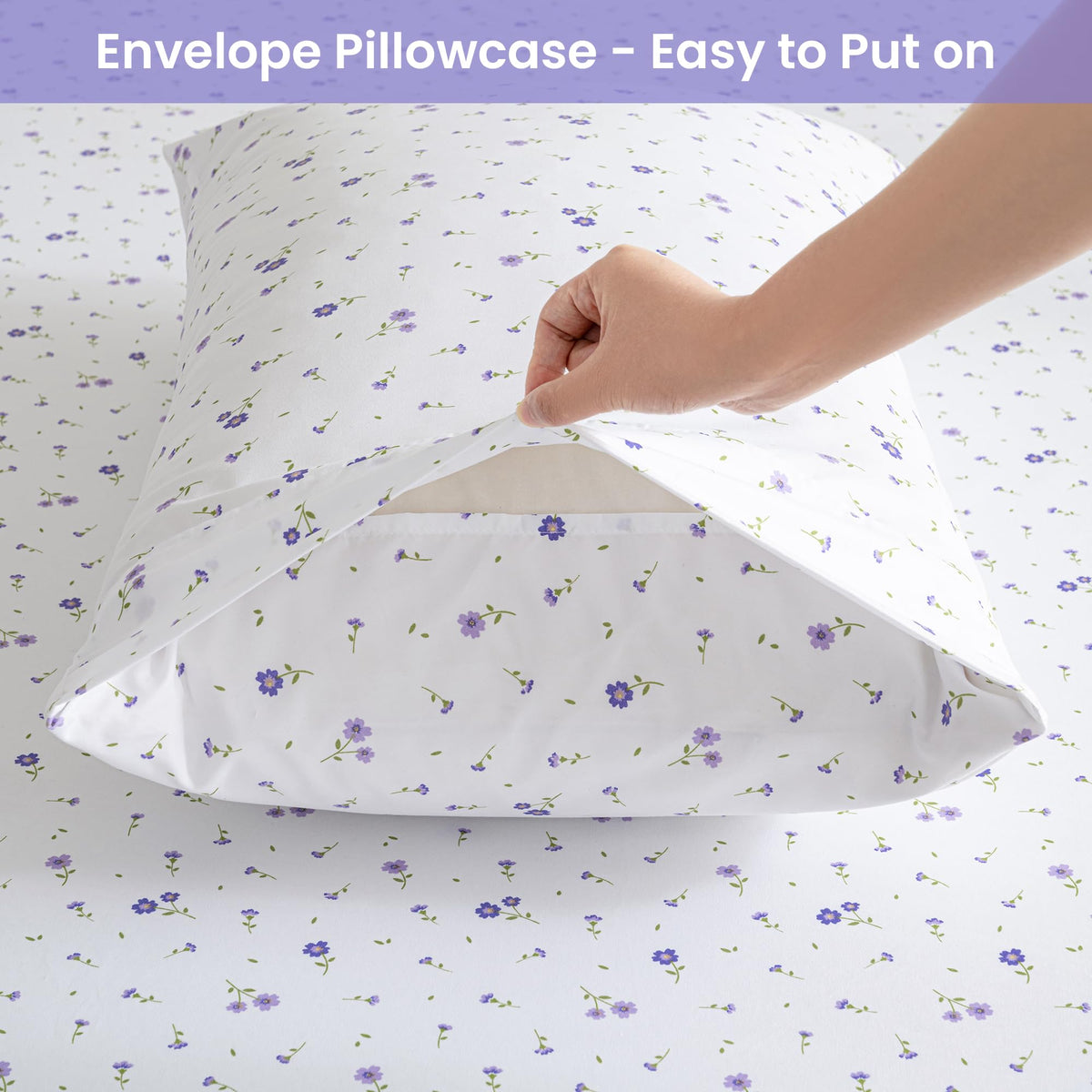 Included pillowcases pair with the purple floral bedding.