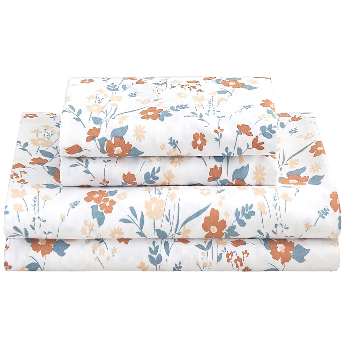 Softan Floral Queen sheet set with orange flowers laid flat for a bright bedroom setup