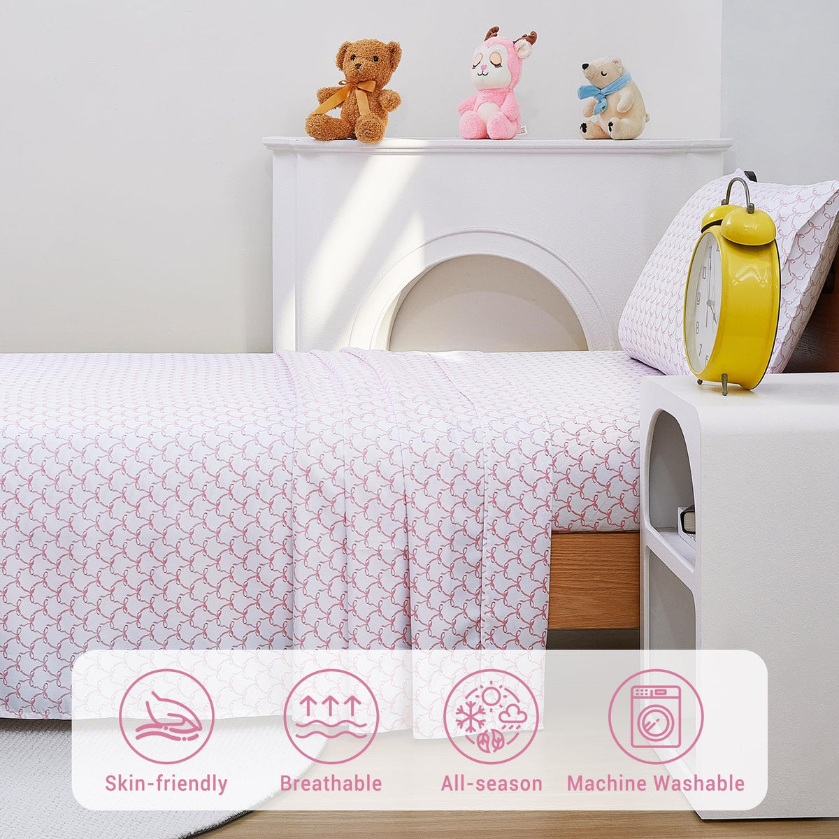 Softan kids bedroom scene with bowknot bedding for cheerful decor.