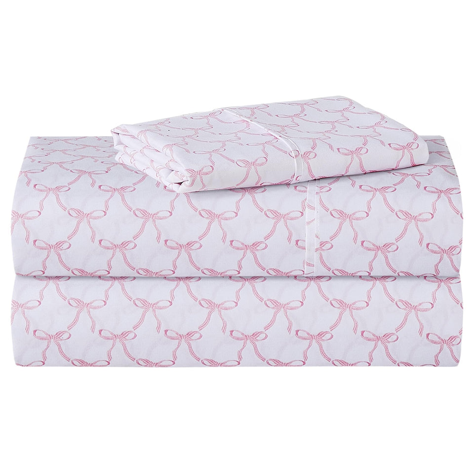 Softan pink bowknot twin flat sheet adds playful bedtime style.