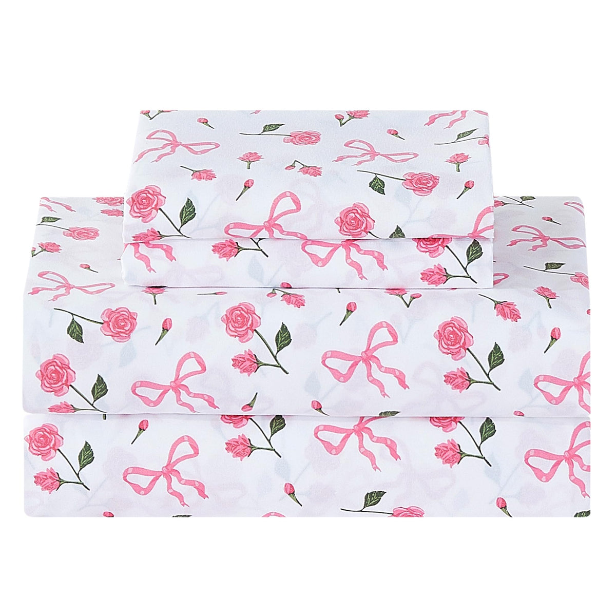 Softan pink floral queen bed sheet set shown in full view with ultra-soft microfiber.
