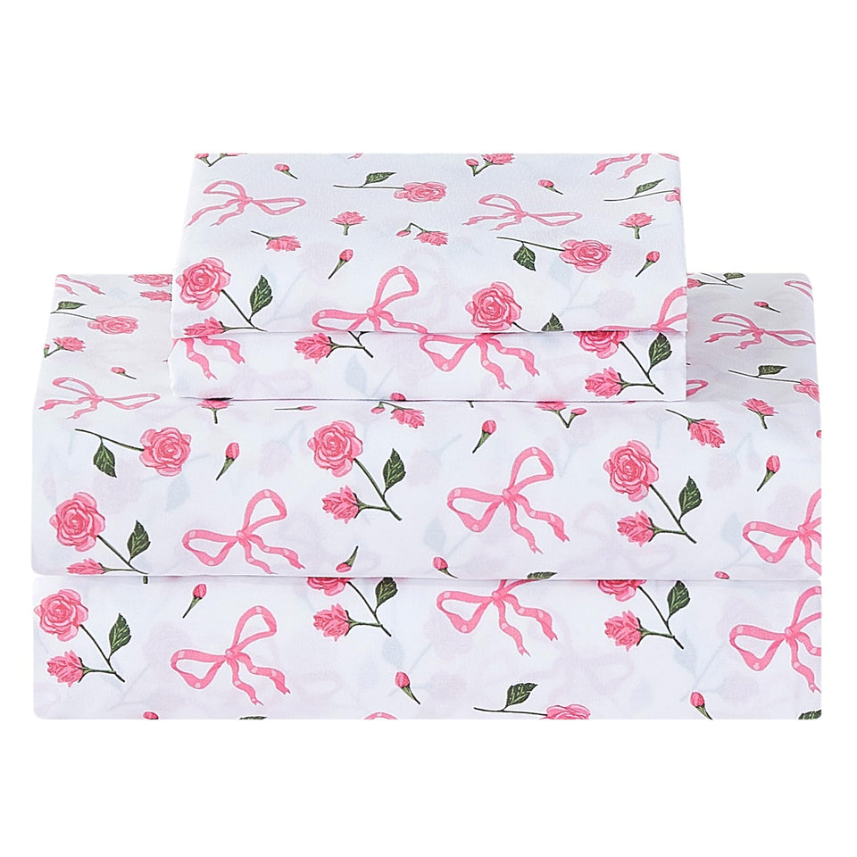 Softan pink floral queen bed sheet set shown in full view with ultra-soft microfiber.