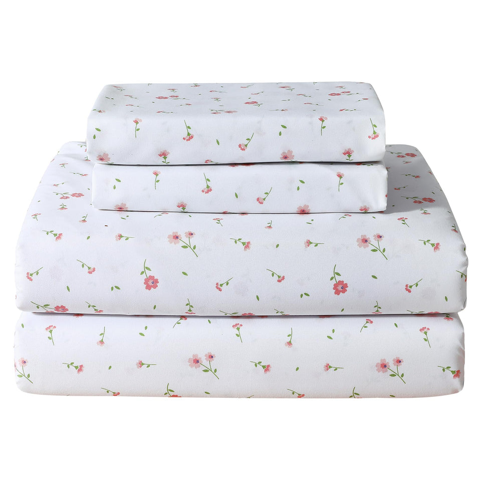 Softan pink floral queen sheet set on bed for a cozy style