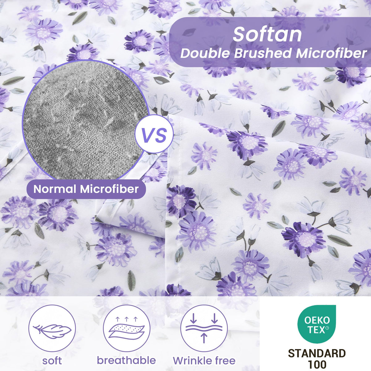 Softan Purple Floral Queen fitted sheet showing 15-inch deep pocket