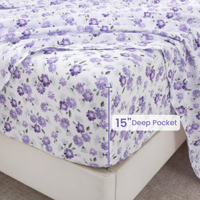Softan Purple Floral Queen flat sheet laid out for full coverage