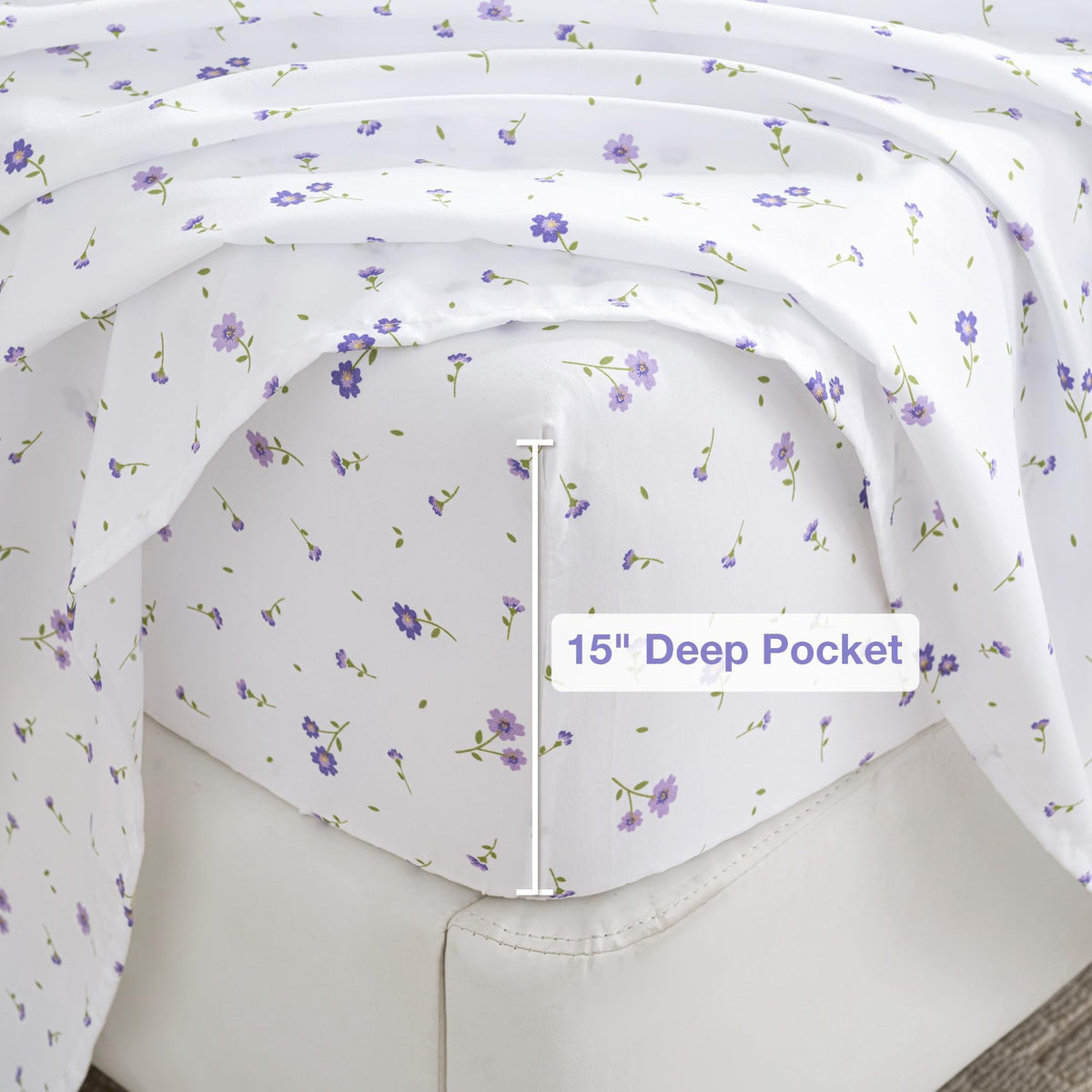 Softan purple flower microfiber close-up shows breathable, soft fabric texture