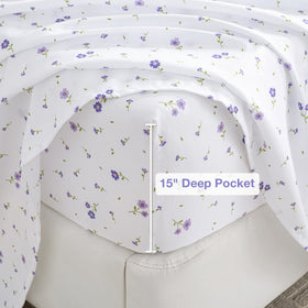 Softan purple flower microfiber close-up shows breathable, soft fabric texture