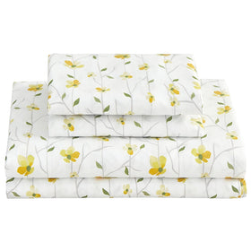 Softan yellow floral queen fitted sheet with deep pocket on a plush mattress.