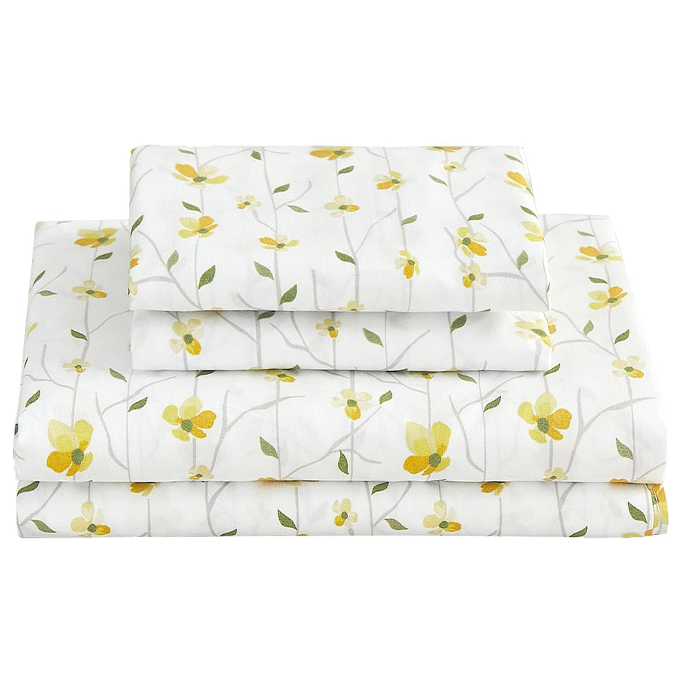 Softan yellow floral queen fitted sheet with deep pocket on a plush mattress.