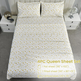 Softan on-bed presentation showcases yellow florals in a cozy bedroom setting.