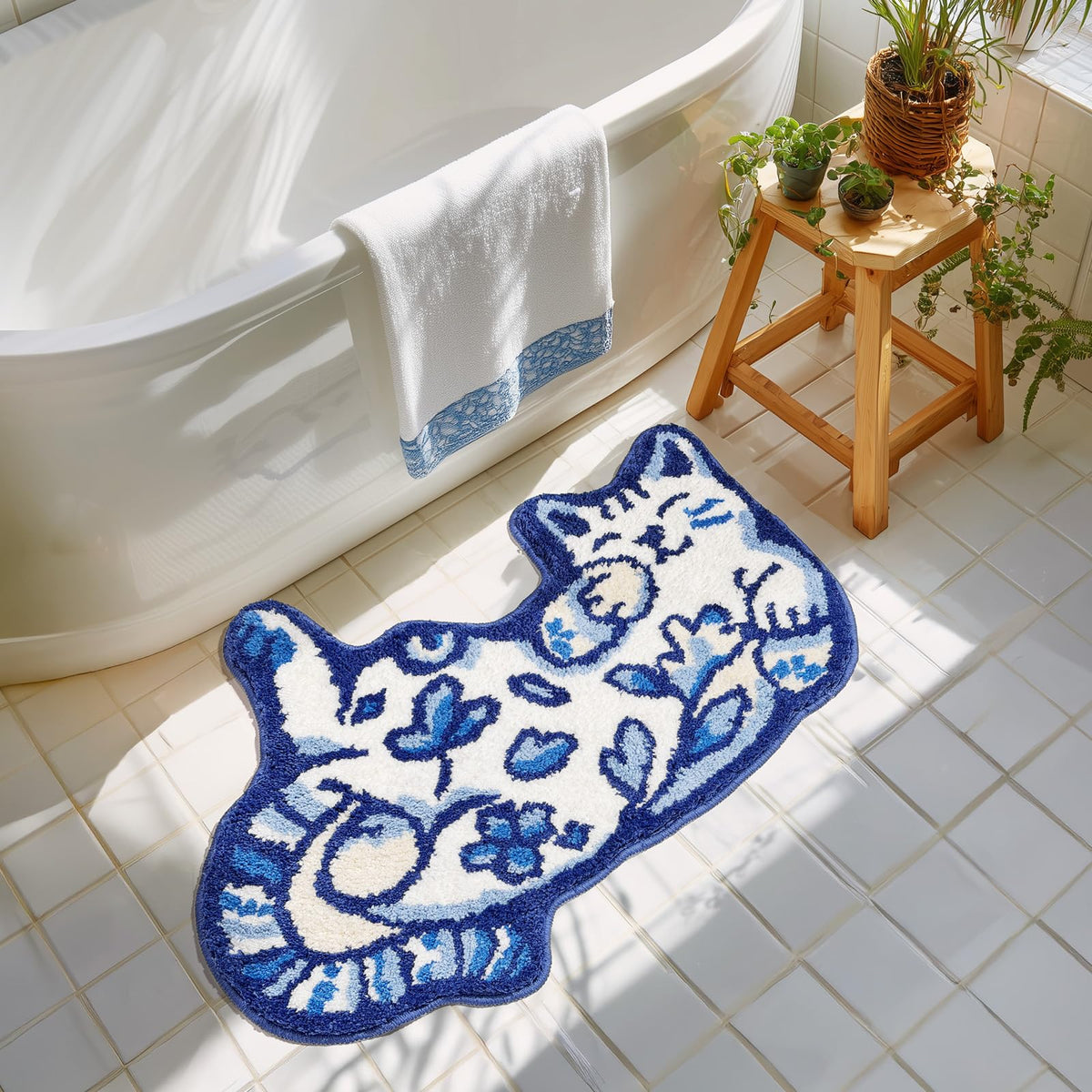 Softania Blue Delft Cat Rug 32x20 inches fits compact bathrooms neatly.