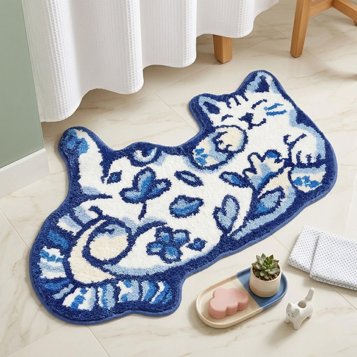 Softania Blue Delft Cat Rug close-up reveals plush microfiber and cozy texture.