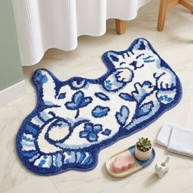 Softania Blue Delft Cat Rug close-up reveals plush microfiber and cozy texture.