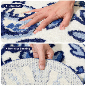 Softania Blue Delft Cat Rug non-slip back keeps it securely in place on tile.