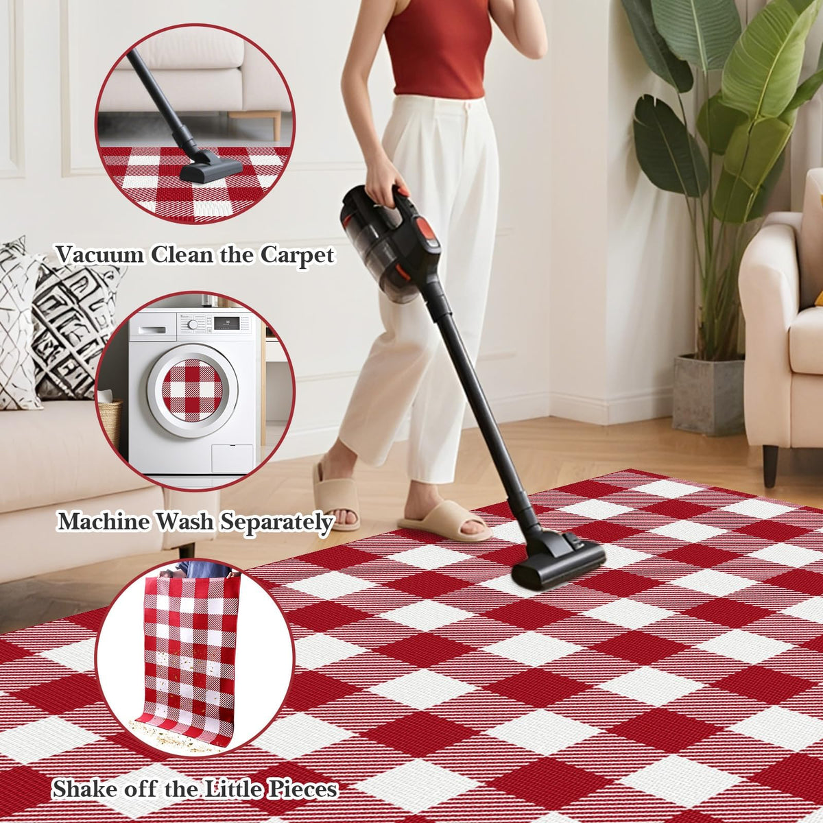 SofterCharm plaid rug layered with a welcome doormat for a warm entry