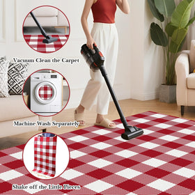 SofterCharm plaid rug layered with a welcome doormat for a warm entry