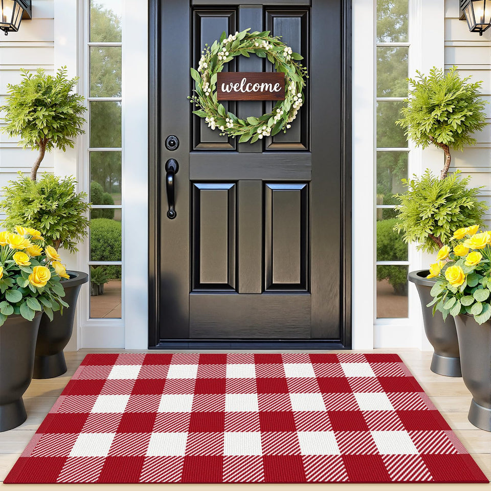 SofterCharm area rug in red and white plaid greets guests with cozy warmth